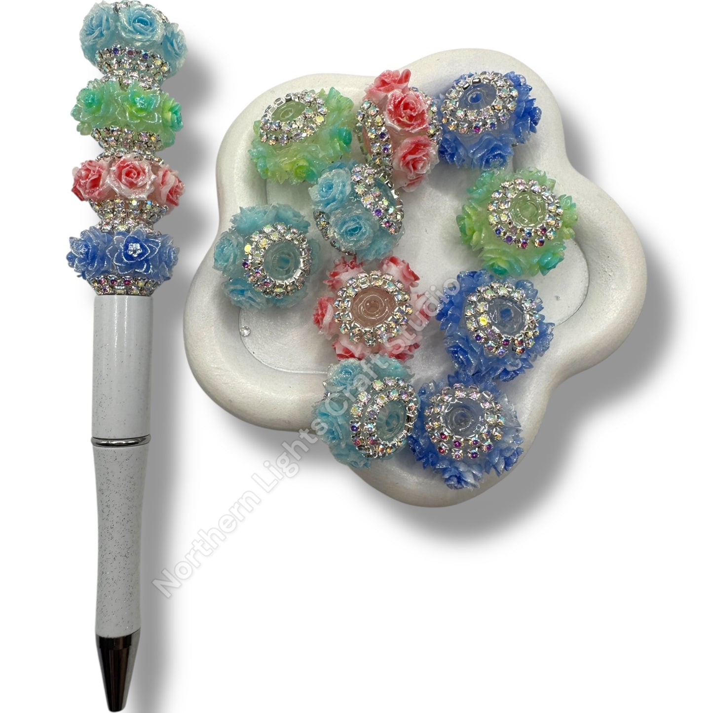 Flower Indian Beads with Rhinestone and Glittery Flowers - 5 pcs.