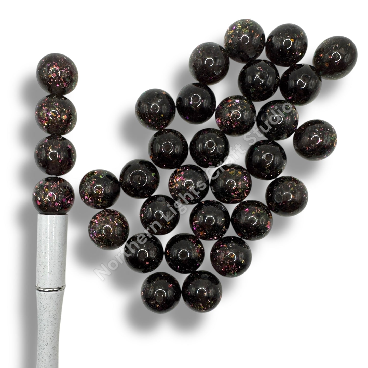 Black 16mm Round with Irridescent Purple Flakes -16mm Pack of 20