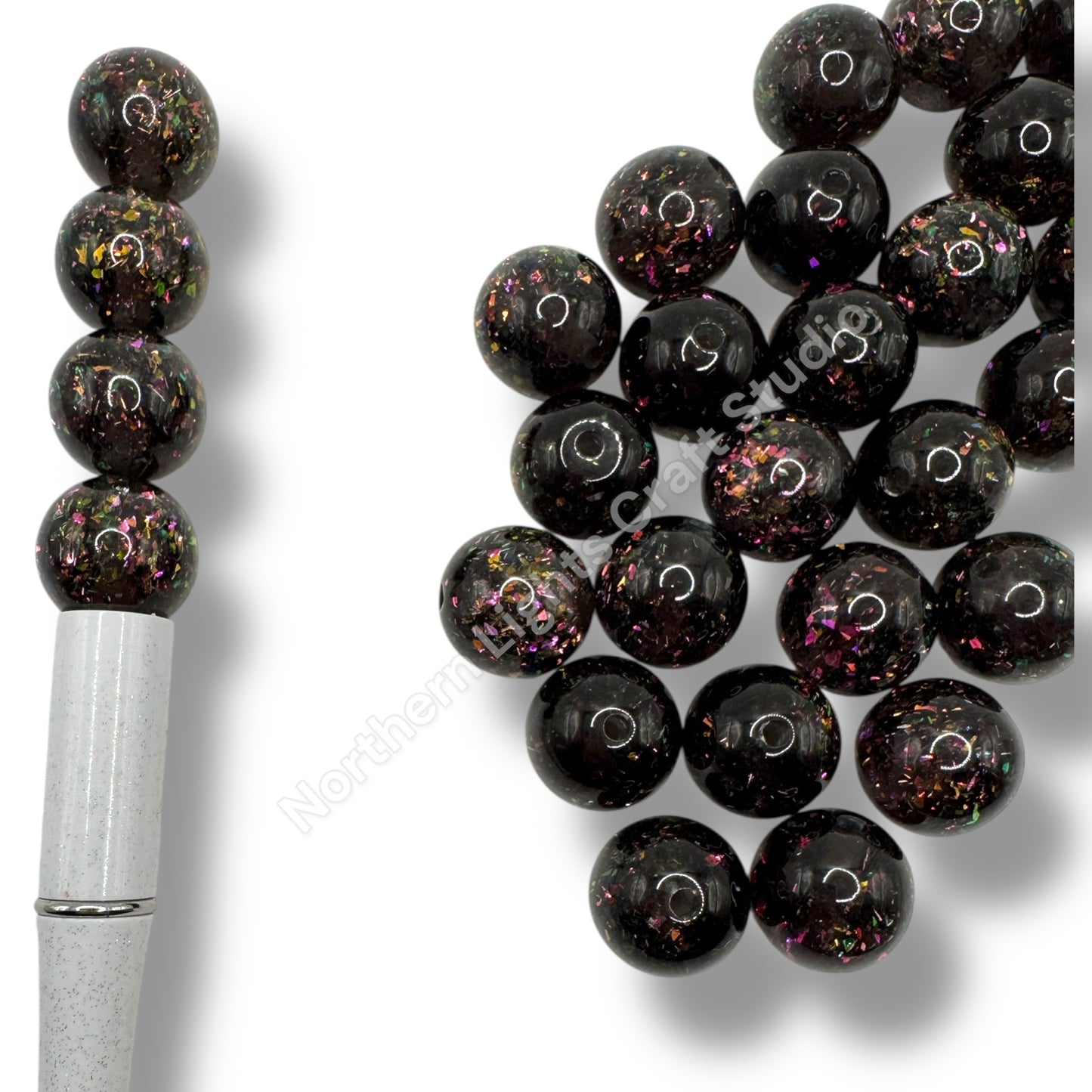 Black 16mm Round with Irridescent Purple Flakes -16mm Pack of 20