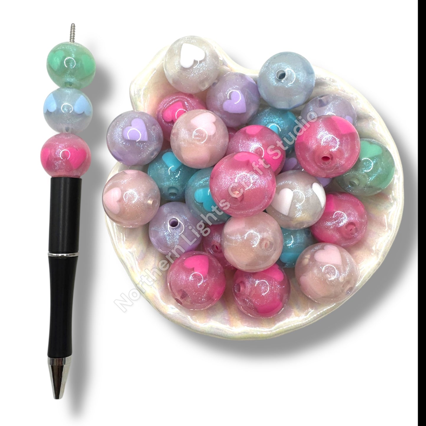 20MM Printed Glitter Heart Bead Mix Sping Colors -10pcs.