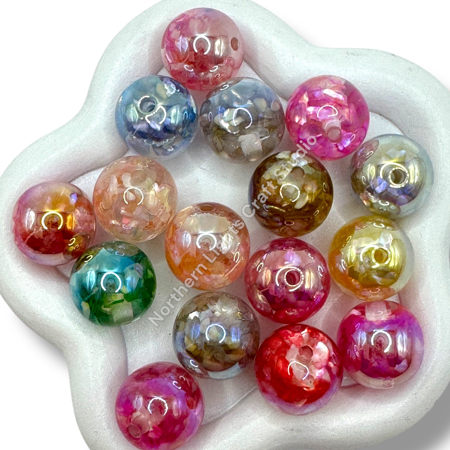 UV Coated Acrylic Shell Beads - 16mm with genuine shell fragments inside