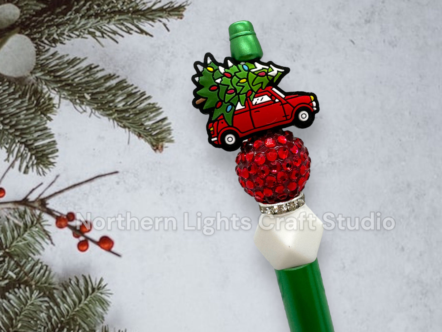Beaded Holiday Pens, Custom Beaded Christmas Pens, Red Christmas Tree Truck, Let's Get Lit, Don't Get Your Tinsel in a Tangle
