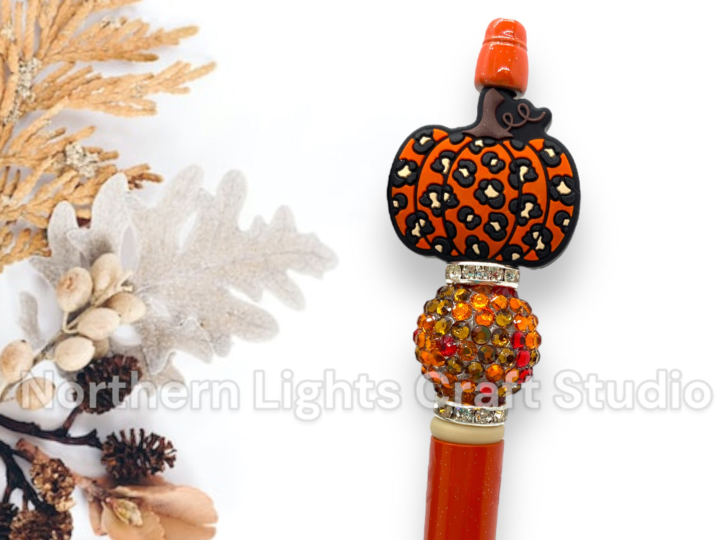 Beaded Pumpkin Pens, Leopard Print Pumpkin Pen, Beaded Pens, Custom Beaded Pen, Fall Gift, Bling Fall Pen, Rhinestone Fall Pen