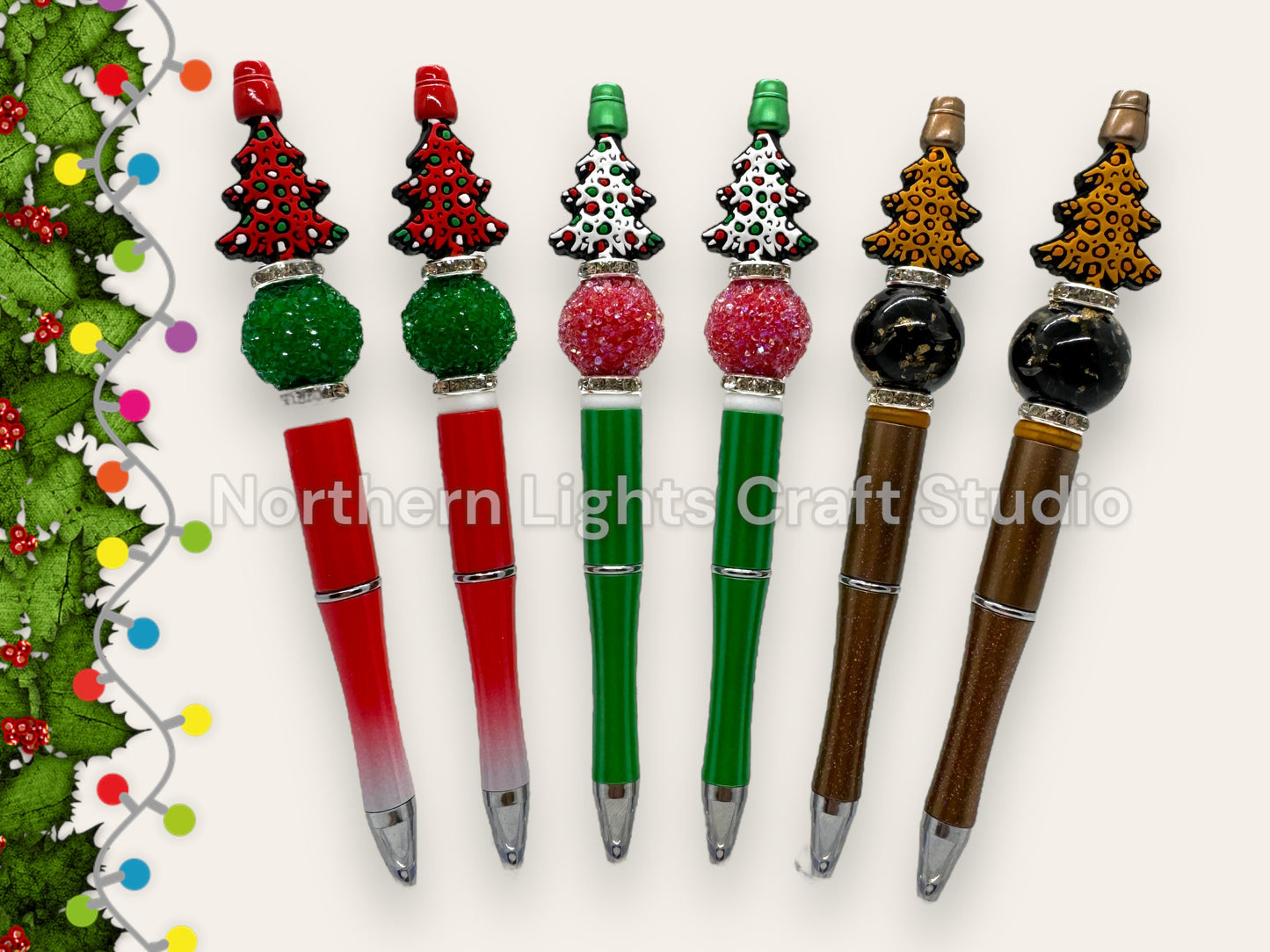 Beaded Whimsical Christmas Tree Pens, Spotted Christmas Tree, Reindeer Gift, Reindeer Pen, Nutcracker Gift, Rhinestone Nutcracker Pen