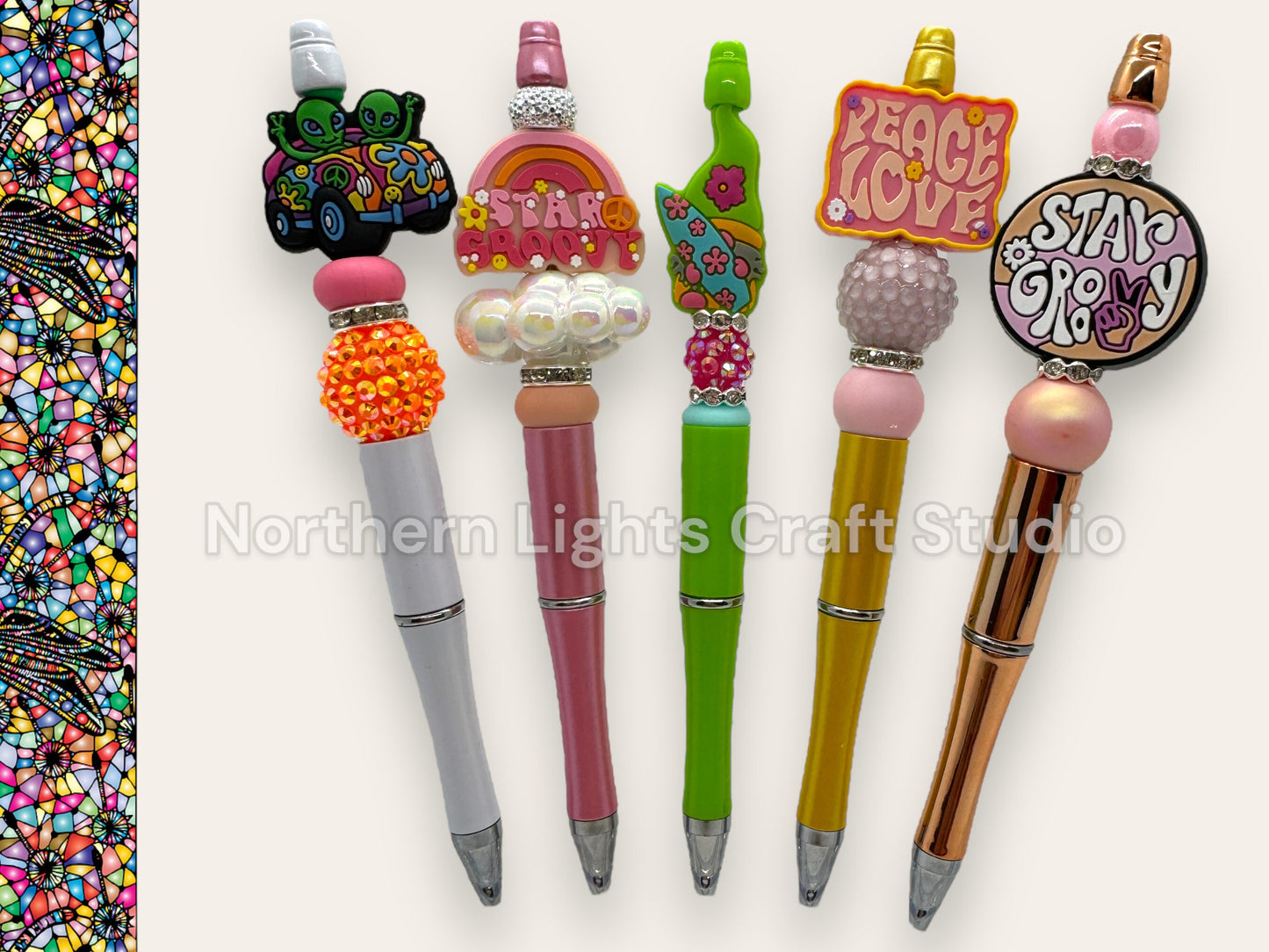 Beaded Groovy Pens, Custom Groovy Pens, Surfing Gnome, Groovy Alien, Retro Pens, Bling Alien, Bling Surfing Gnome, Bead Pens, Peace Love Pen
