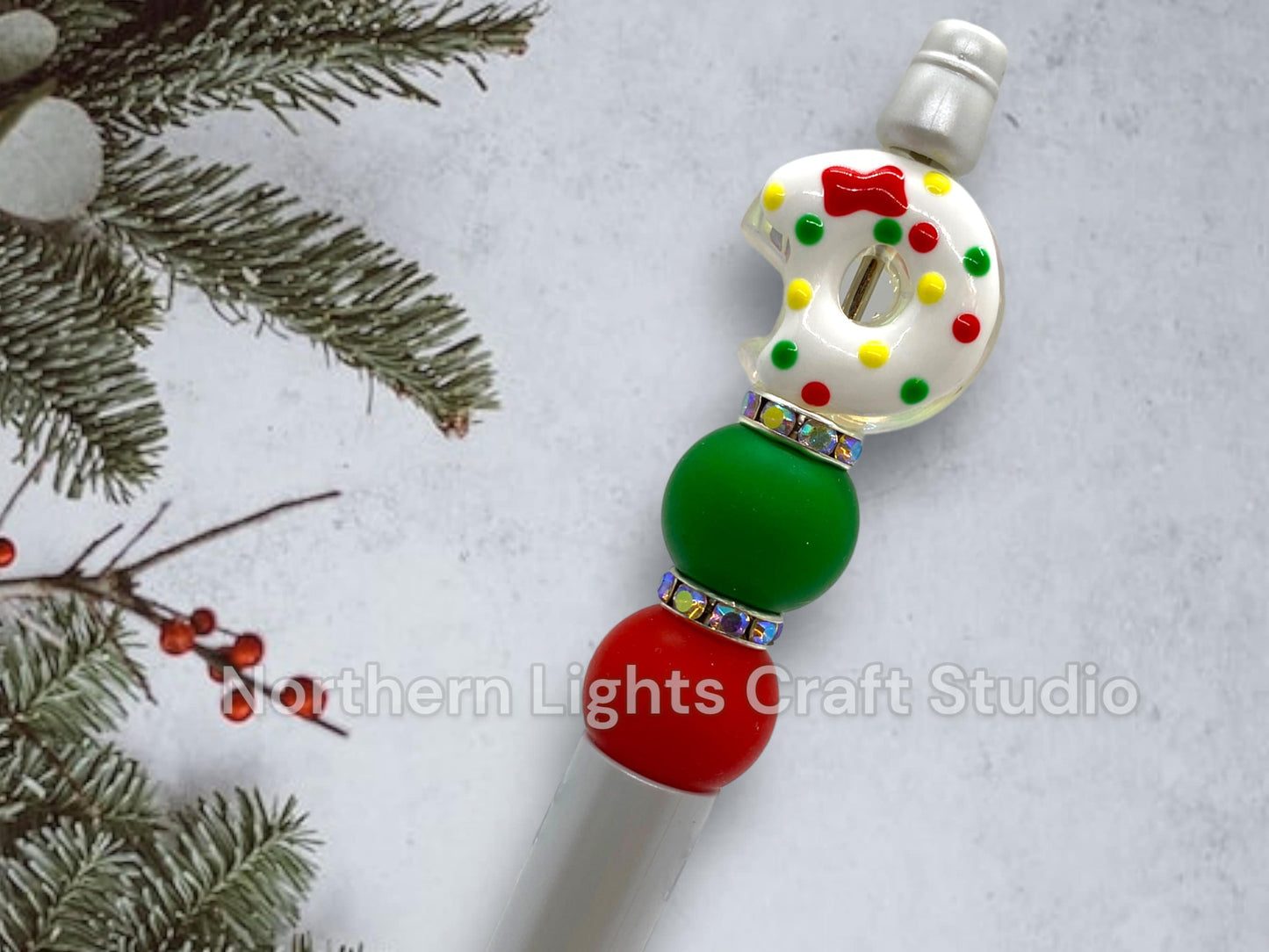 Beaded Christmas Donut Pen, Beaded Pens, Handmade Beads, Coffee and Dessert Theme, Coffee and Donuts Gift Ideas, Handmade Pen Beads