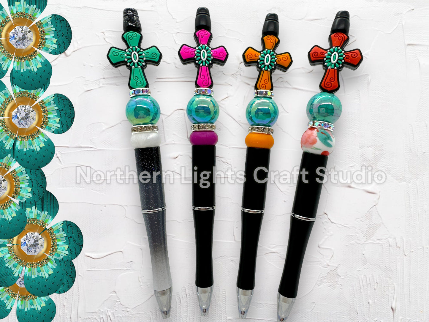 Custom Beaded Turquoise Accent Cross Pen, Silicone Cross Pen, Turquoise Faith Pen, Handmade Cross Gift, Stocking Stuffer Pen