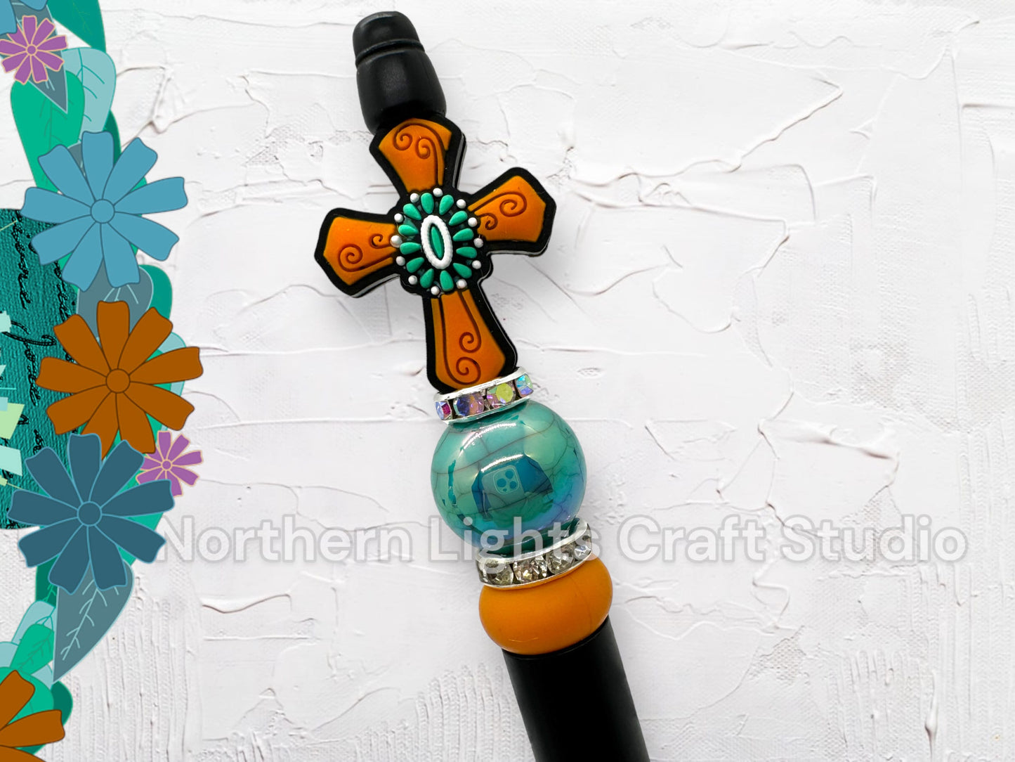 Custom Beaded Turquoise Accent Cross Pen, Silicone Cross Pen, Turquoise Faith Pen, Handmade Cross Gift, Stocking Stuffer Pen