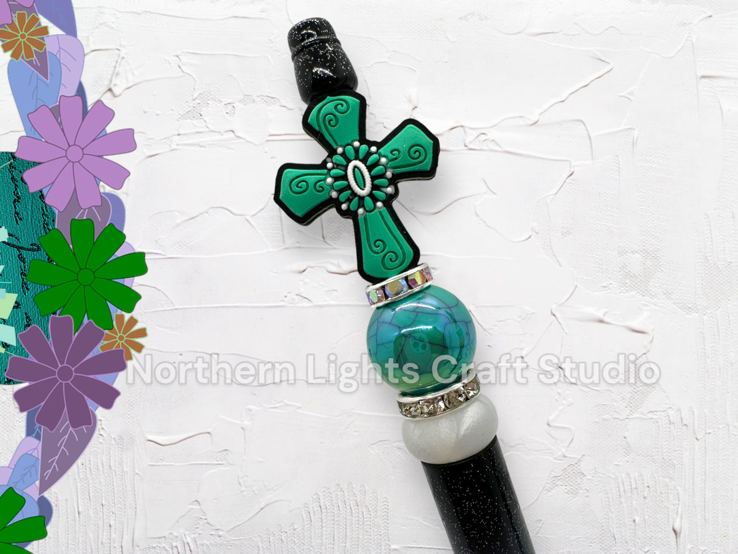 Custom Beaded Turquoise Accent Cross Pen, Silicone Cross Pen, Turquoise Faith Pen, Handmade Cross Gift, Stocking Stuffer Pen