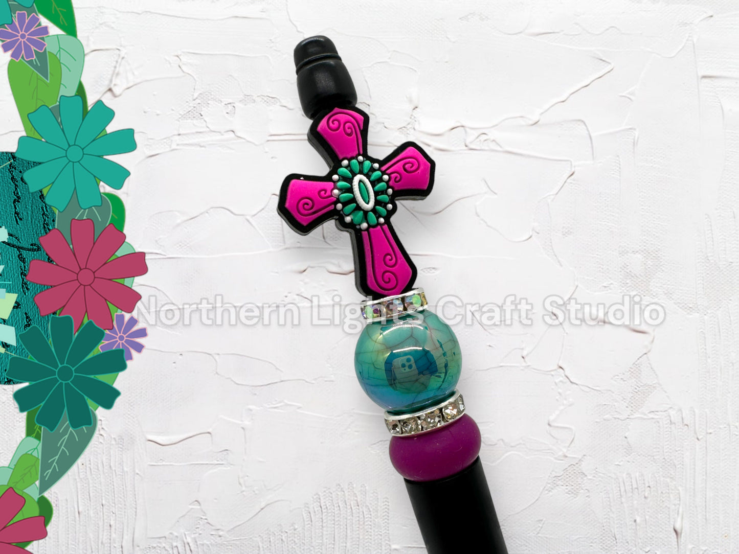 Custom Beaded Turquoise Accent Cross Pen, Silicone Cross Pen, Turquoise Faith Pen, Handmade Cross Gift, Stocking Stuffer Pen