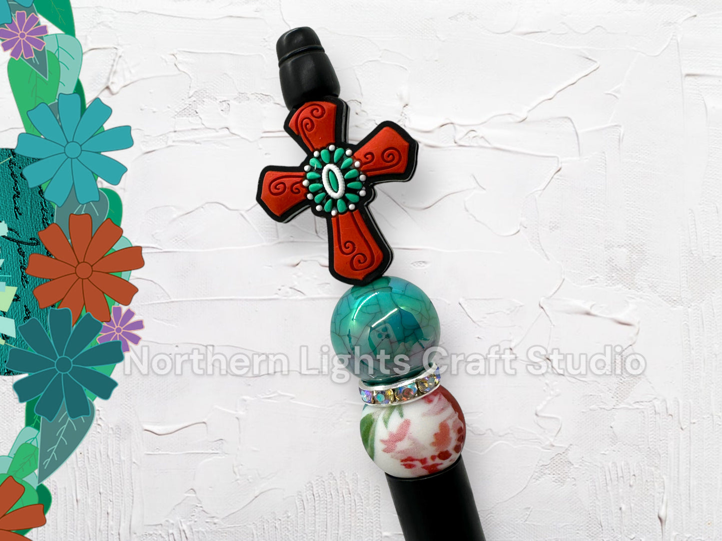 Custom Beaded Turquoise Accent Cross Pen, Silicone Cross Pen, Turquoise Faith Pen, Handmade Cross Gift, Stocking Stuffer Pen