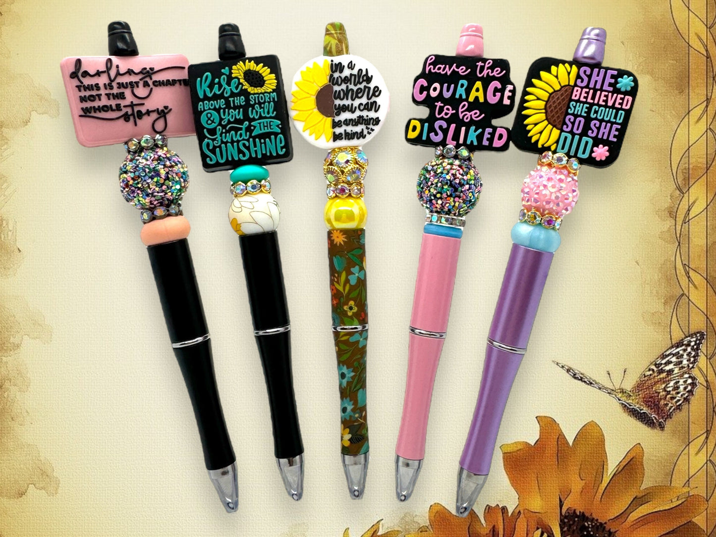 Beaded Mindset Pen, Just a Chapter, Rise Above the Storm, Be Kind, Like a Butterfly, Have the Courage to be Disliked, She Believed She Could