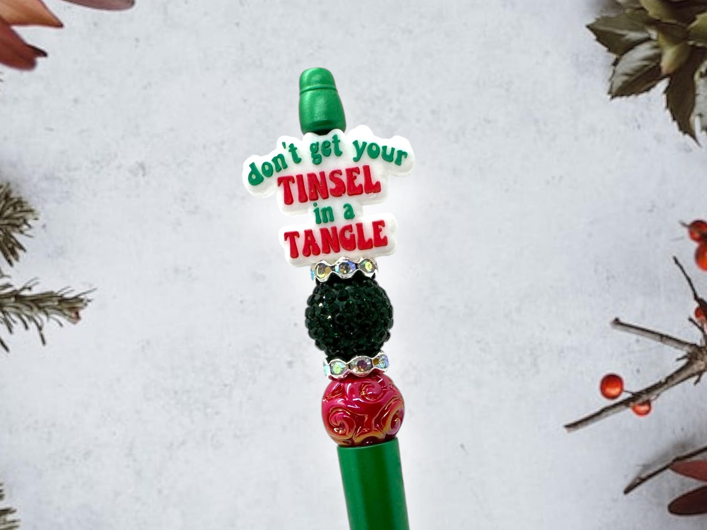 Beaded Holiday Pens, Custom Beaded Christmas Pens, Red Christmas Tree Truck, Let's Get Lit, Don't Get Your Tinsel in a Tangle