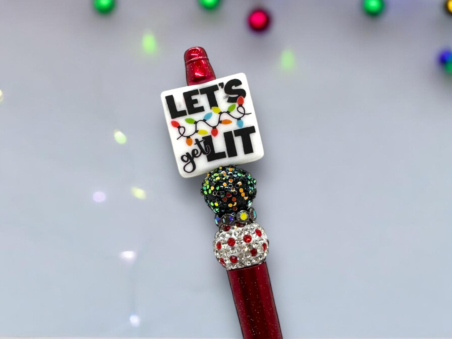 Beaded Holiday Pens, Custom Beaded Christmas Pens, Red Christmas Tree Truck, Let's Get Lit, Don't Get Your Tinsel in a Tangle
