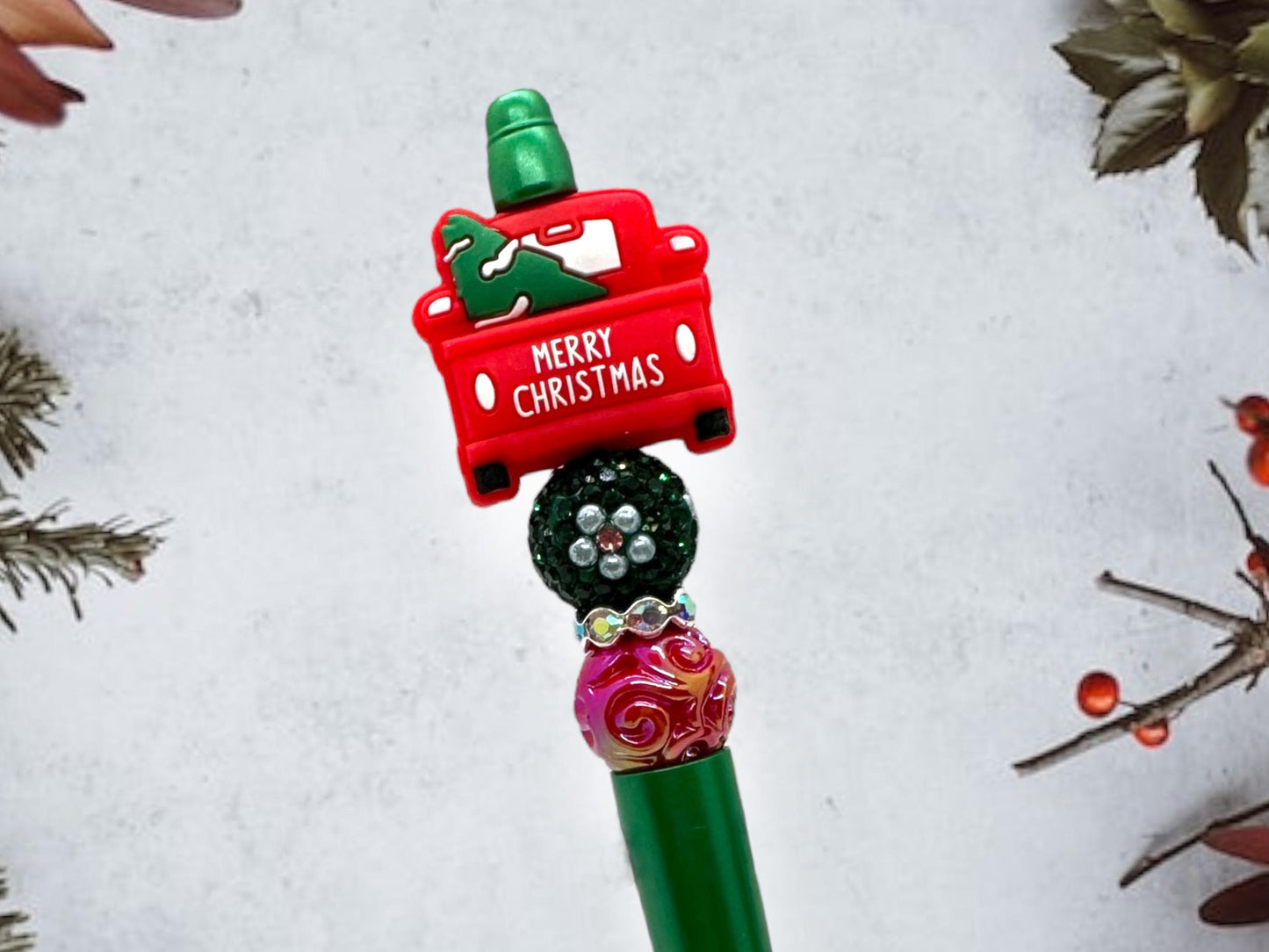 Beaded Holiday Pens, Custom Beaded Christmas Pens, Red Christmas Tree Truck, Let's Get Lit, Don't Get Your Tinsel in a Tangle