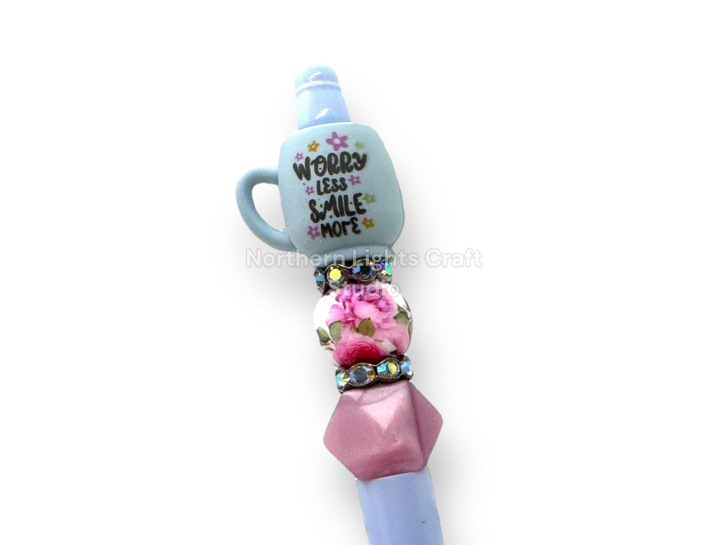 3D Worry Less Smile More Mug Focal Pen, Positive Attitude, Bling Pen, Flower Mug Pen
