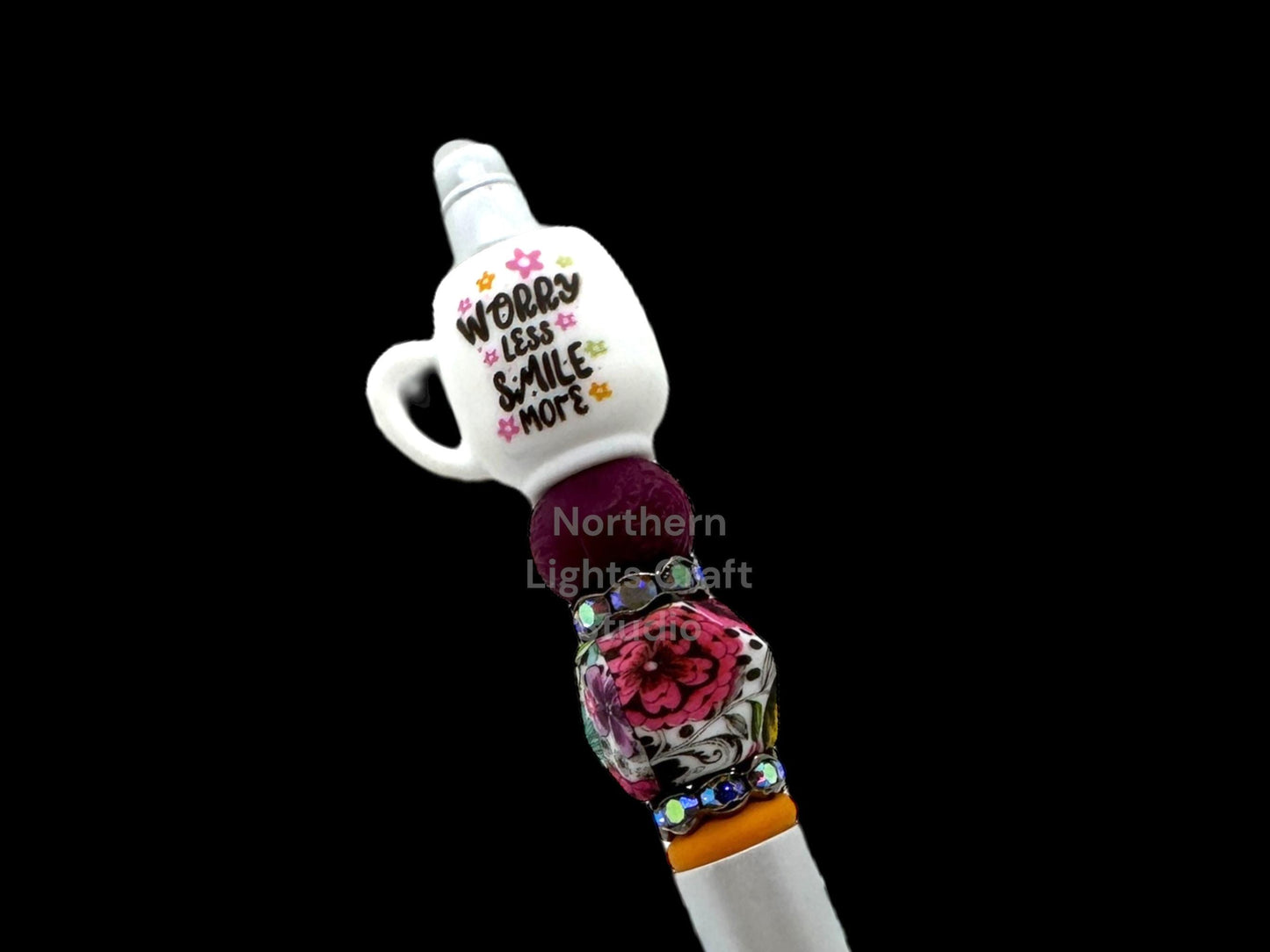 3D Worry Less Smile More Mug Focal Pen, Positive Attitude, Bling Pen, Flower Mug Pen