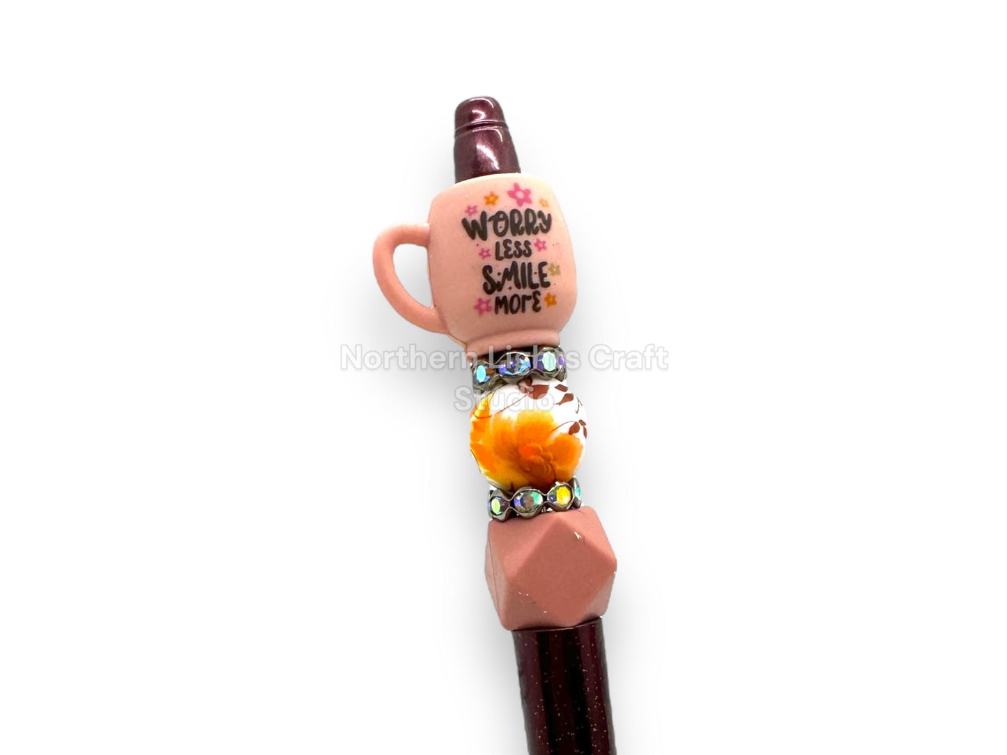 3D Worry Less Smile More Mug Focal Pen, Positive Attitude, Bling Pen, Flower Mug Pen