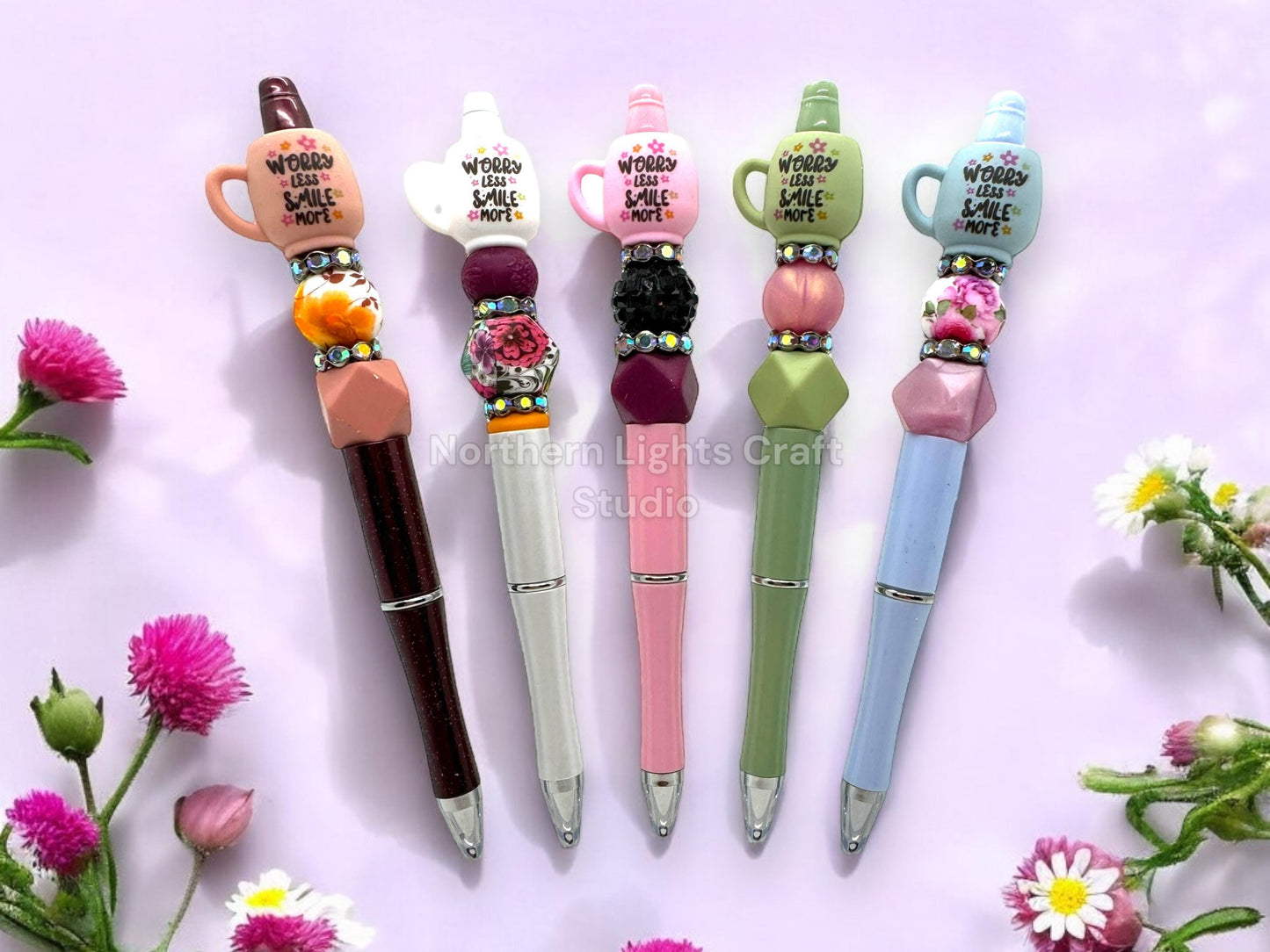 3D Worry Less Smile More Mug Focal Pen, Positive Attitude, Bling Pen, Flower Mug Pen