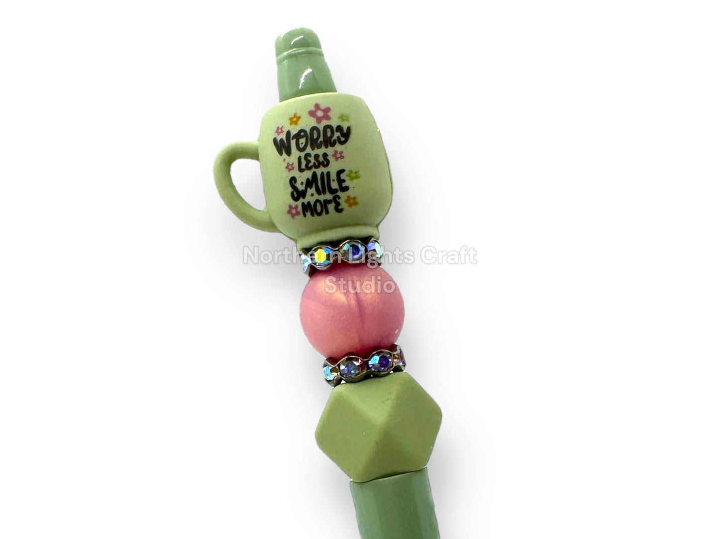 3D Worry Less Smile More Mug Focal Pen, Positive Attitude, Bling Pen, Flower Mug Pen