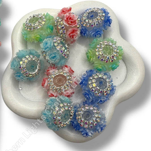 Flower Indian Beads with Rhinestone and Glittery Flowers - 5 pcs.