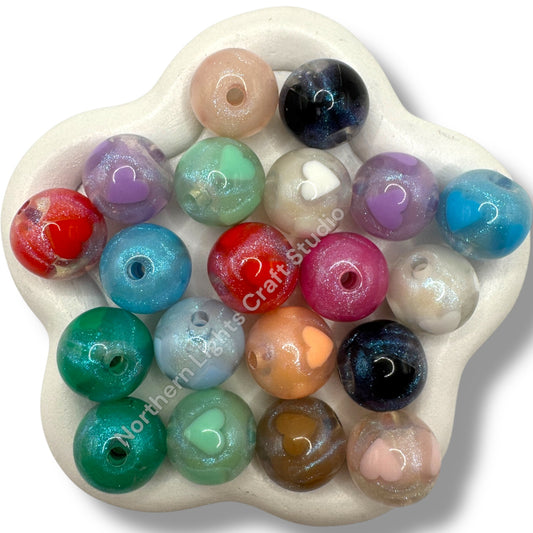 16mm Printed Heart Glitter Bead Mix -20pcs.