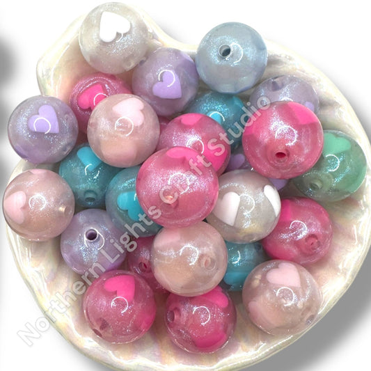 20MM Printed Glitter Heart Bead Mix Sping Colors -10pcs.