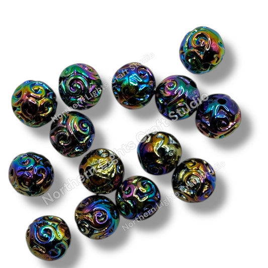 16mm Black UV Swirl Carved Beads