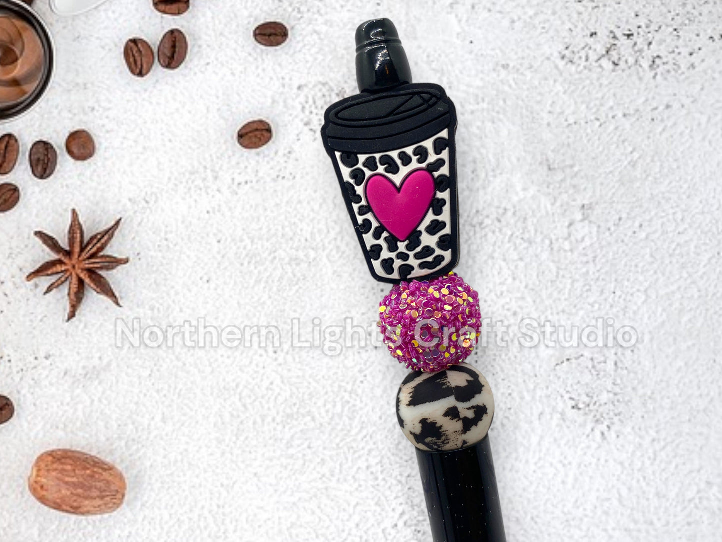 Custom Coffee Pen, Beaded Coffee Pen, Bling Pen, Bling Coffee Pen, Gift for Coffee Lovers, Gourmet Coffee Pen, Animal Print Coffee Cup Bead