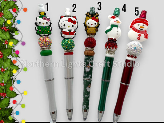 Beaded Christmas Pen, Bead Pens, Snowman Gift, Stocking Stuffer Pens, Bling Snowman, Cute Kitten Gift,