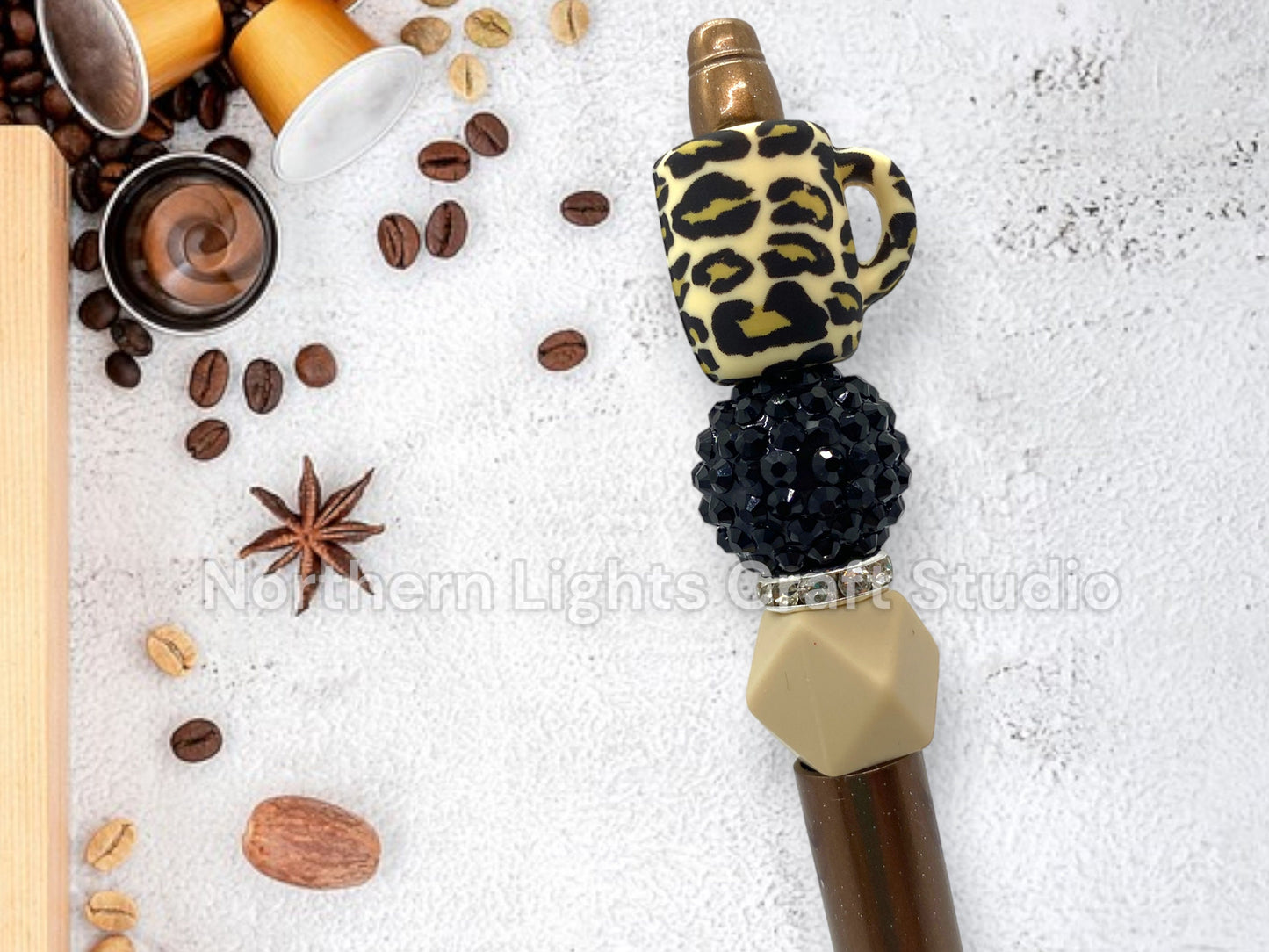 Custom Coffee Pen, Beaded Coffee Pen, Bling Pen, Bling Coffee Pen, Gift for Coffee Lovers, Gourmet Coffee Pen, Animal Print Coffee Cup Bead