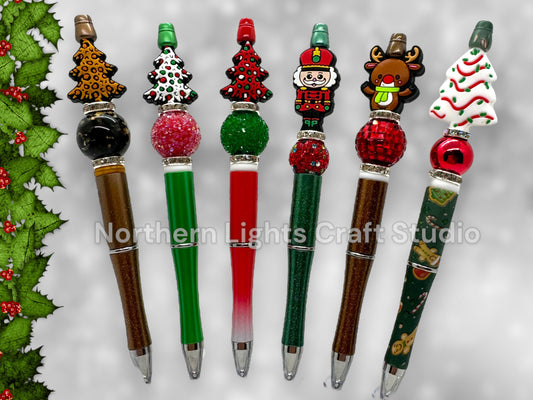 Beaded Whimsical Christmas Tree Pens, Spotted Christmas Tree,   Reindeer Gift, Reindeer Pen, Nutcracker Gift, Rhinestone Nutcracker Pen