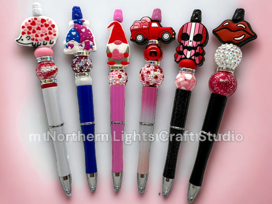 Valentine's Day Pen, Bling Pen, Bling Gnome Pen, Rhinestone Pen, Bead Pen, Hedgehog Pen, Red Truck Pen, Valentine Skull and Crossbones