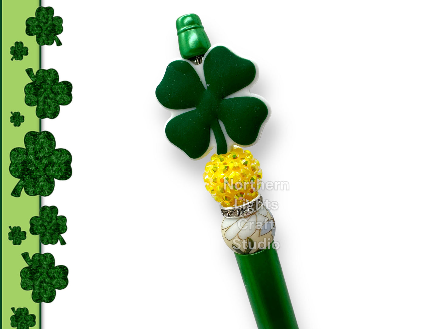 St. Patrick's Day Beaded Pens, Irish Theme Pens, St. Patty's Day Pens, Three Leaf Clover Pen, Irish Teacher Pen, Four Leaf Clover