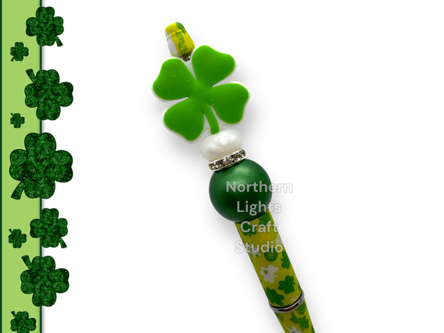 St. Patrick's Day Beaded Pens, Irish Theme Pens, St. Patty's Day Pens, Three Leaf Clover Pen, Irish Teacher Pen, Four Leaf Clover