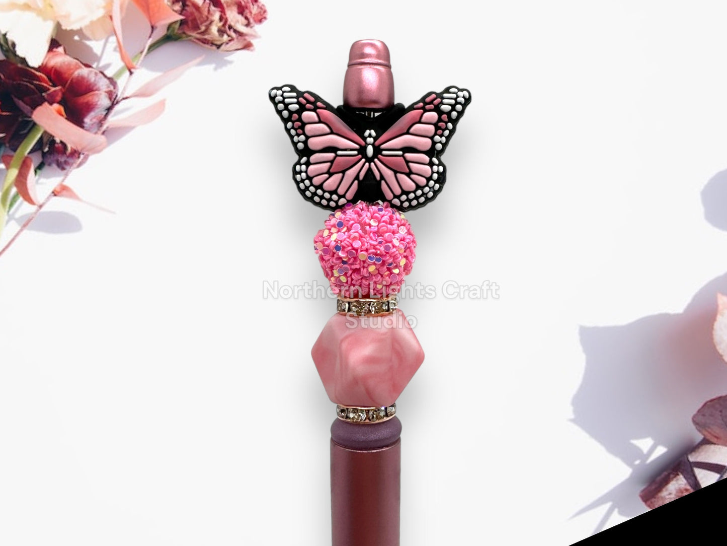 Custom Beaded Butterfly Pen, Butterfly Bead Pen, Bling Pen, Cute Pen, Spring Pen, Inexpensive Stocking Stuffer, Silicone Focal Pen