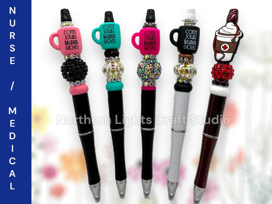 Custom Beaded Nurse Coffee Pens, Medical Staff Pens, Coffee Scrubs Rubber Gloves Coffee Bead Pen