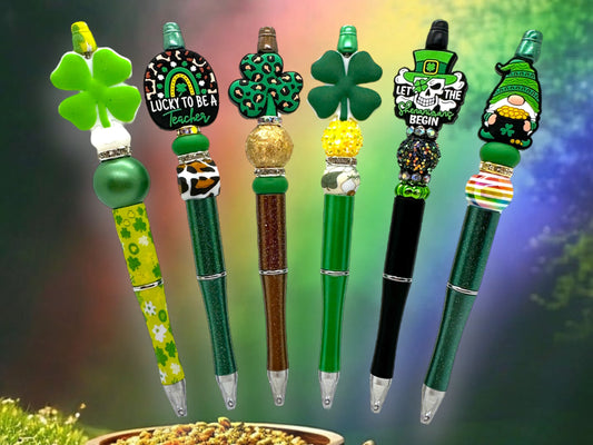 St. Patrick's Day Beaded Pens, Irish Theme Pens, St. Patty's Day Pens, Three Leaf Clover Pen, Irish Teacher Pen, Four Leaf Clover
