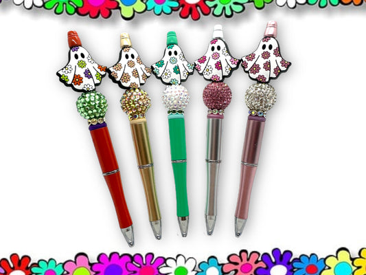 Ghost Pen, Flower Ghost, Flower Ghost Pen, Beaded Flower Ghost Pen, Rhinestone Ghost Pen, Bling Ghost, Cute Ghost Pen, Spooky Pen