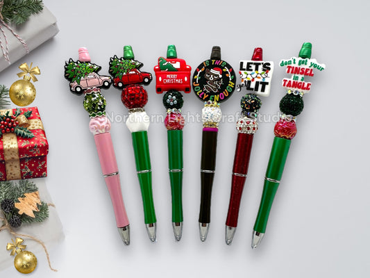 Beaded Holiday Pens, Custom Beaded Christmas Pens, Red Christmas Tree Truck, Let's Get Lit, Don't Get Your Tinsel in a Tangle