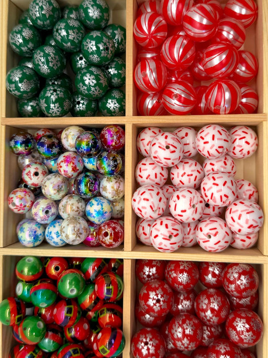 20mm Printed Acrylic Christmas Beads, Bubblegum Christmas Beads Pack of 10