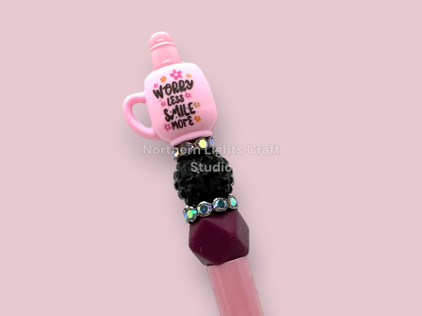 3D Worry Less Smile More Mug Focal Pen, Positive Attitude, Bling Pen, Flower Mug Pen